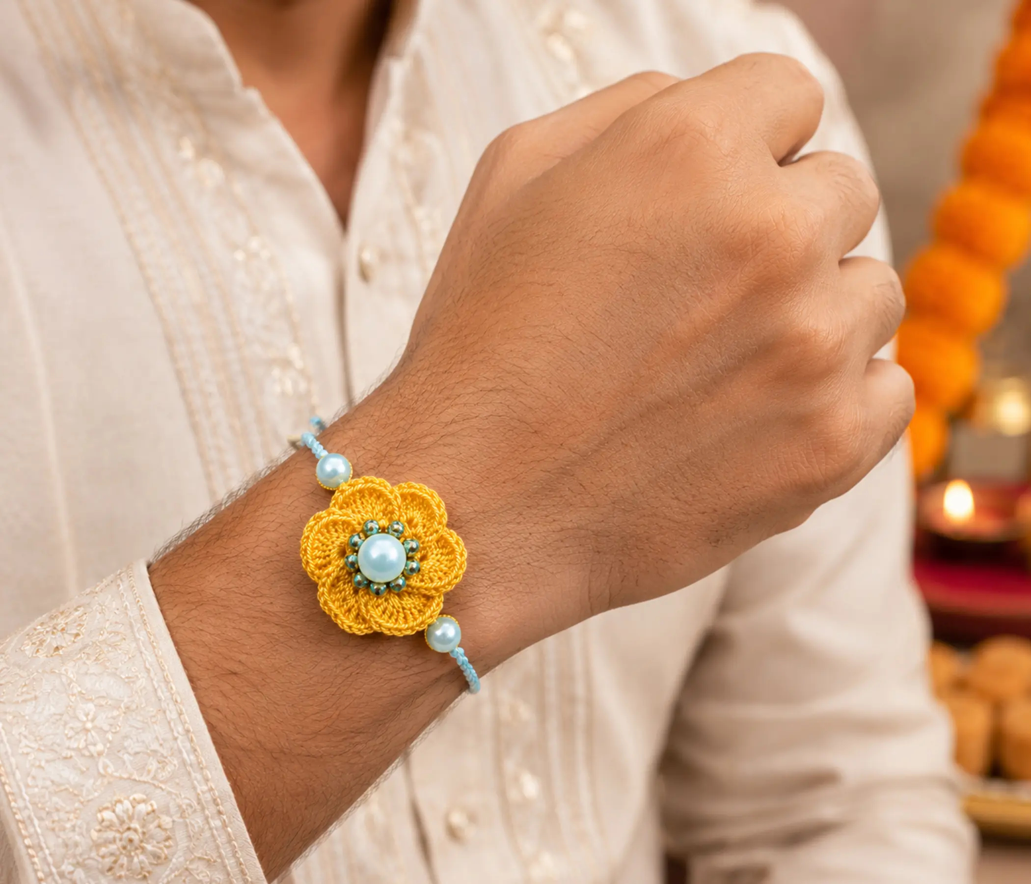 Golden Marigold Floral Handcrafted Crochet Rakhi